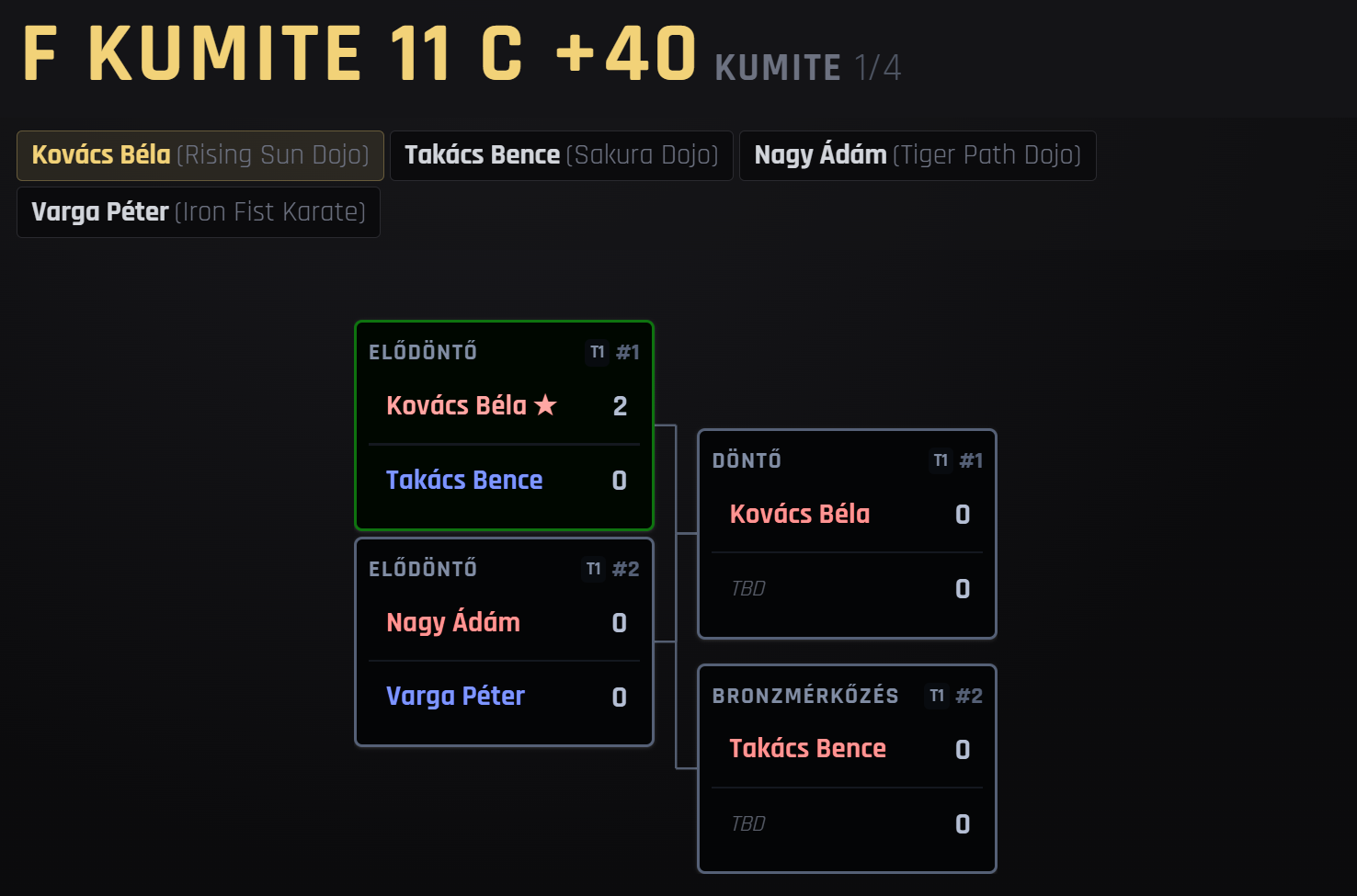 Single-elimination WKF karate bracket tree — with AKA and AO markings