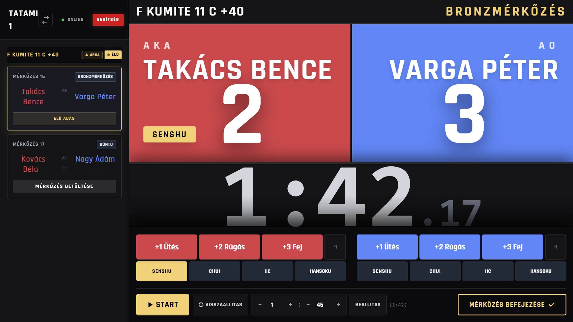 Referee control panel for WKF karate — scoring, timer, and penalty management